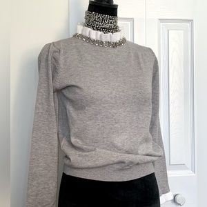 White Ruffled Jeweled Collar Heather Gray Sweatshirt